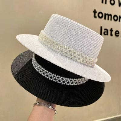 Pearl Flat Top Hat Sunshade Sunscreen Beach Hat Summer Travel Fashion Wide Brim Straw Top Hat Women's Idyllic Style
