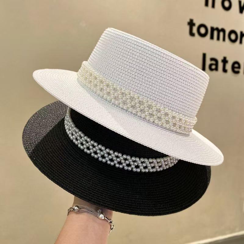 Pearl flat top hat sunshade sunscreen beach hat summer travel fashion wide brim straw top hat women's idyllic style