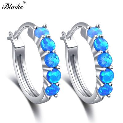 Blaike 925 Sterling Silver kulaté kruhové náušnice pro ženy Blue/White Fire Opal Náušnice Duha Stone Circle Piercing Ear Šperky