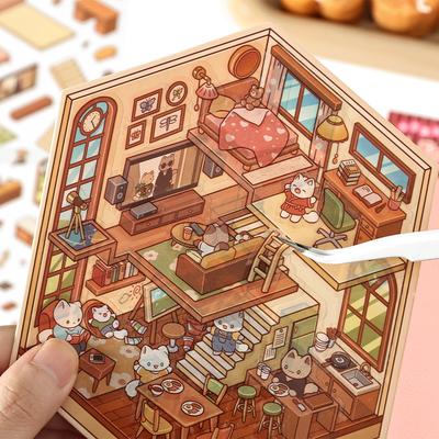 Cartoon 3D Landscaping Scrapbooking Stickers Miniature Scene DIY Cabin Scene Stacking and Pasting Hand Account Gift for Kid