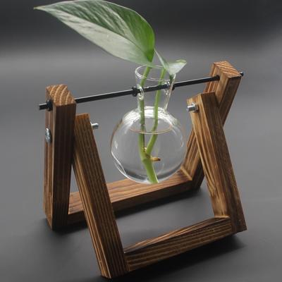 Desktop-Glasvase mit Holzrahmen, transparente Glaskugel, Hydrokulturpflanzenbehälter, Blumentopf, Home Bonsai-Dekor
