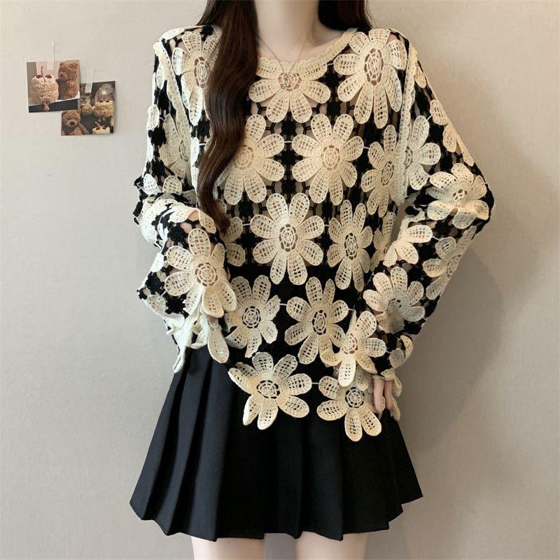 Bohemian Crochet Hollow Knit Sweater for Women Loose Color-Block Long-Sleeve Knit Pullover Top