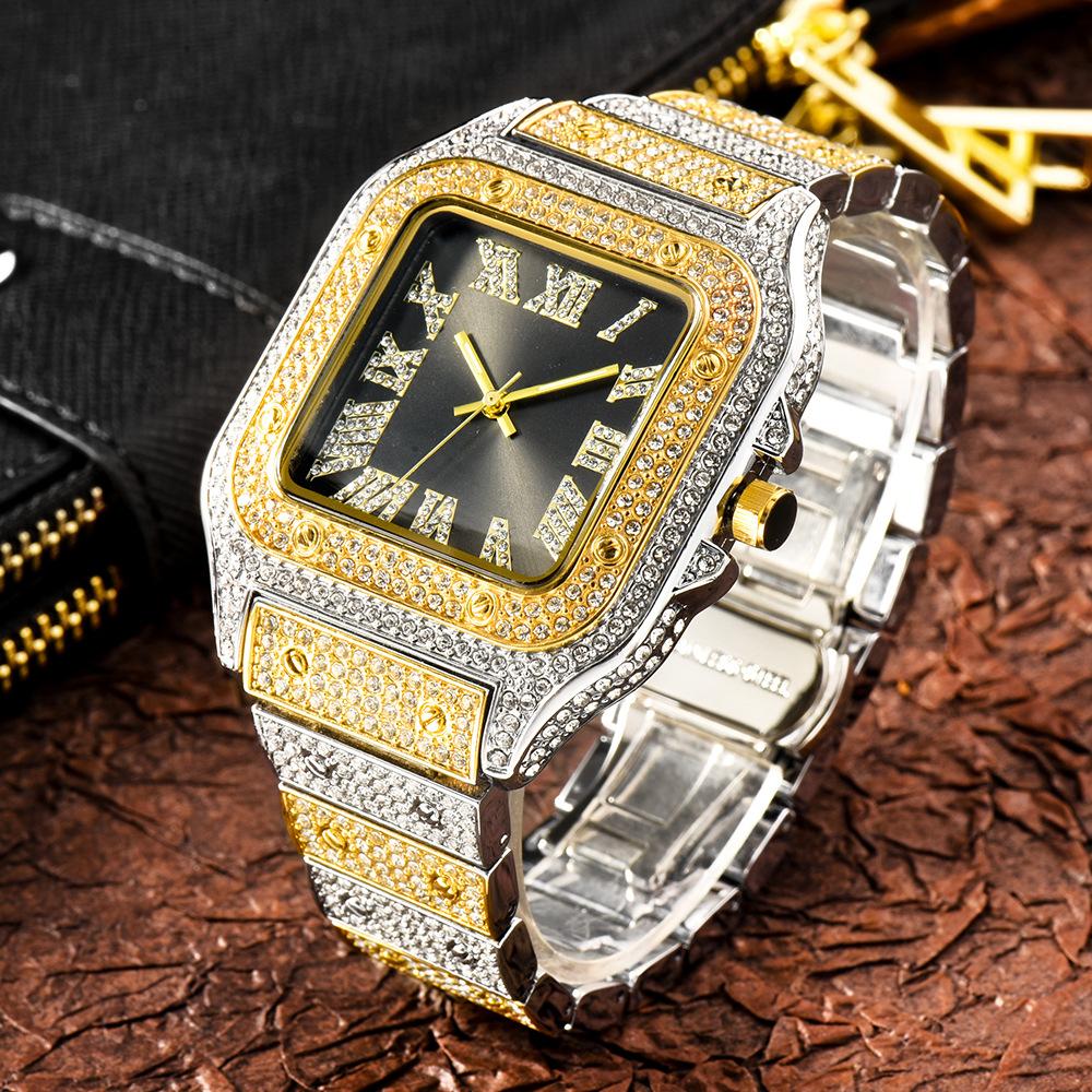 MISSFOX Luxury Diamond Watches for Men Hip Hop Style Bling Bling Iced Out Wristwatch Fashion Square Stainless Steel Waterproof Clock