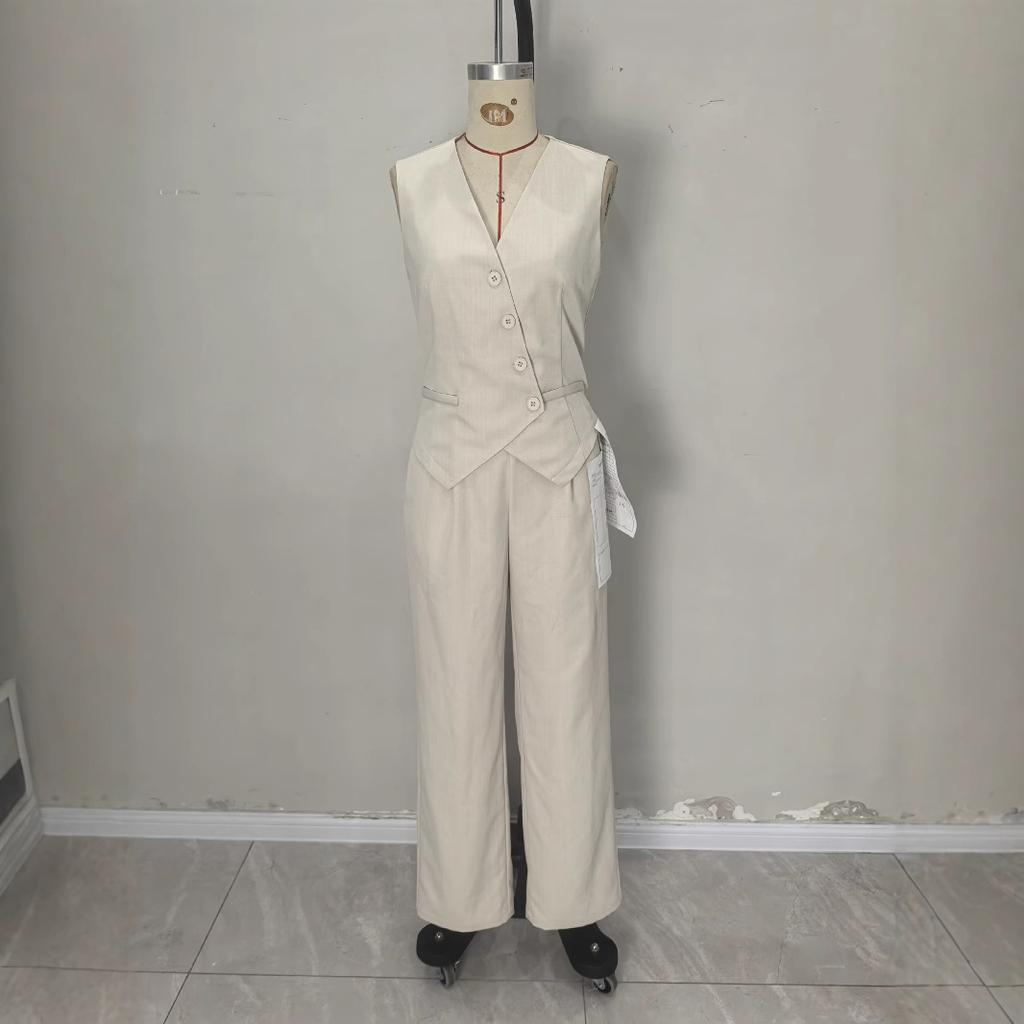 Women's Sleeveless Vest and Wide Leg Pants Set, Light Beige
