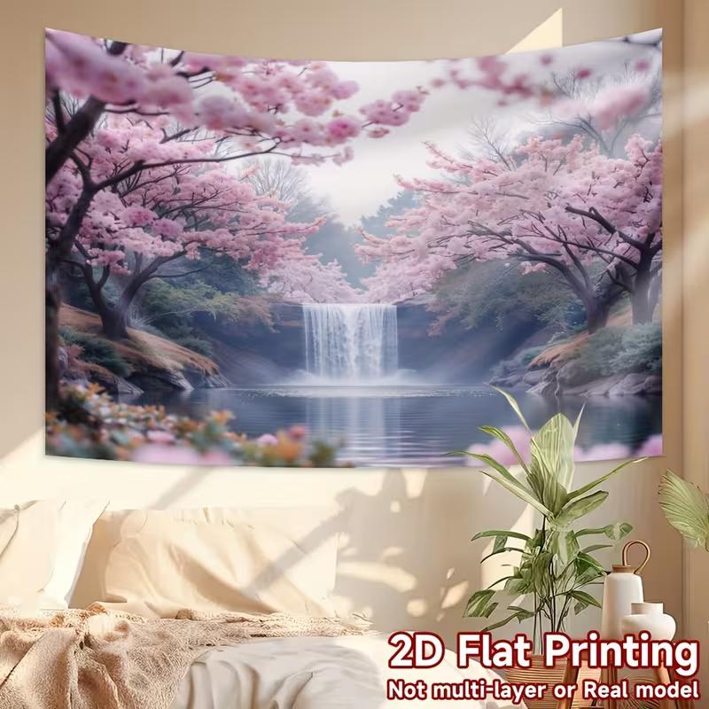 2D Sakura Waterfall Backdrop Cherry Blossom Lake Background