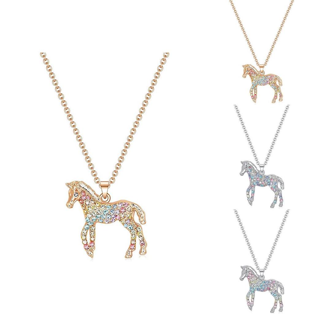 Fashionable Colorful Rainbow Horse Pendant Necklace With Sparkling Design For Women