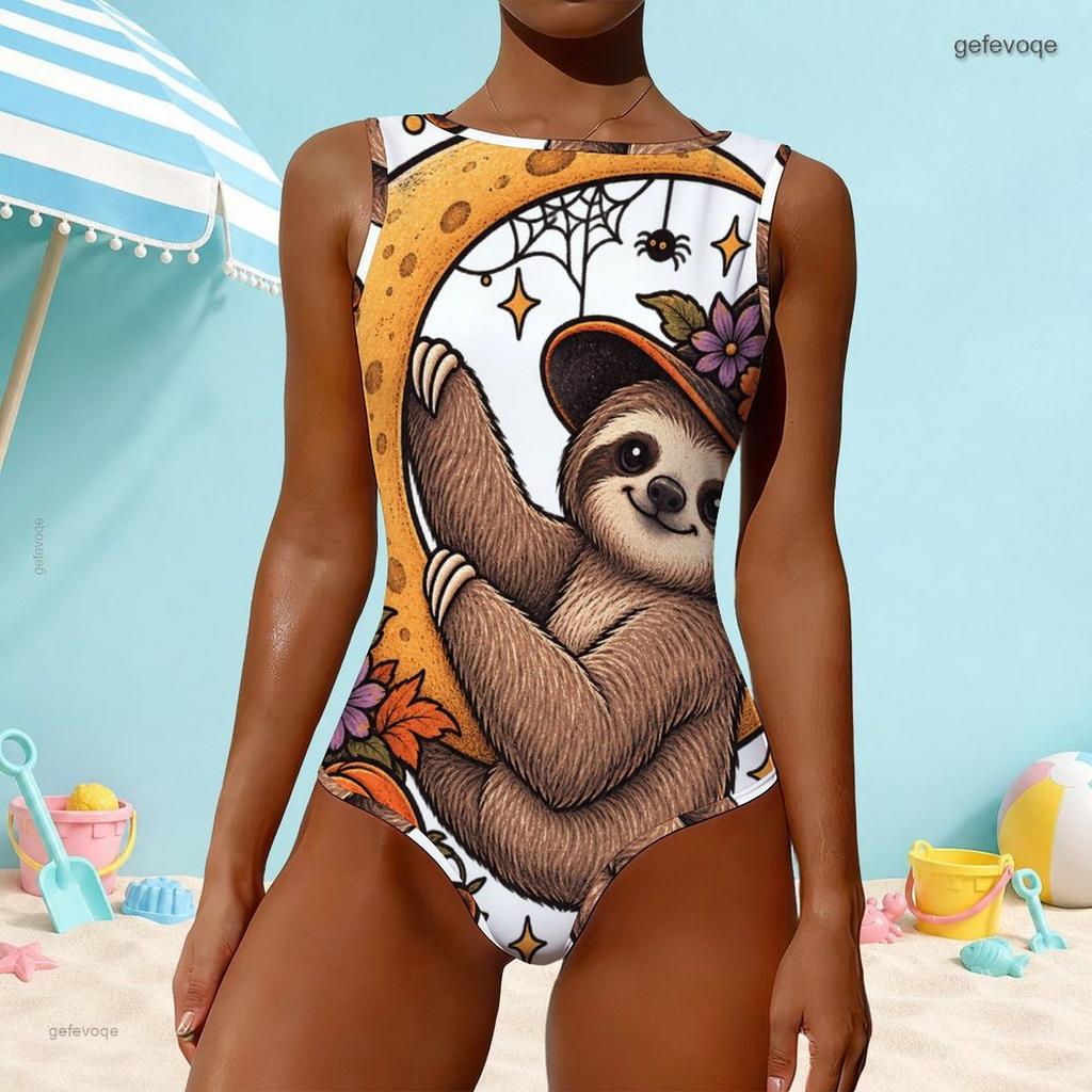 Women Plus Size One Piece Swimsuit High Round Neck Sleeveless Sloth Moon Printed