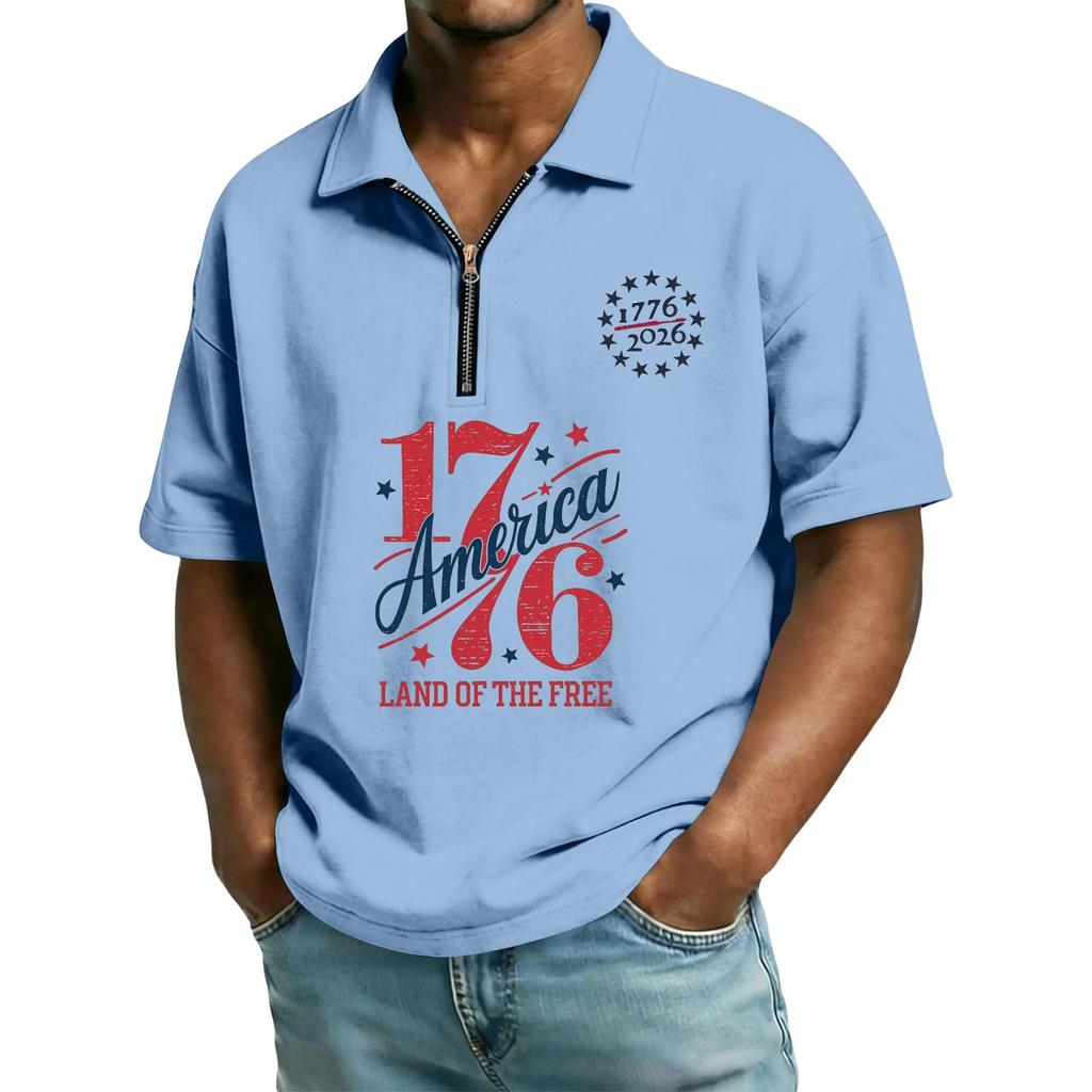 Men's Casual Loose Fit Polo Shirt Short Sleeve Zipper Front Independent Day Printed Design Comfortable Lightweight Top