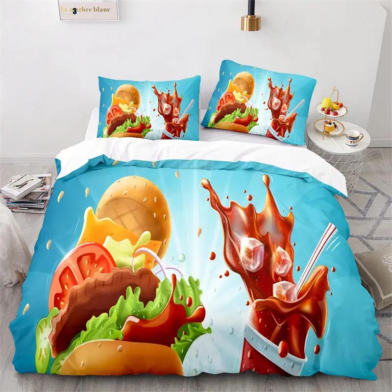 Creative Fast Food Duvet Cover Pizza Hamburger Print Comforter Cover Microfiber Bedding Collection King Queen For Kids Teen Room Decor