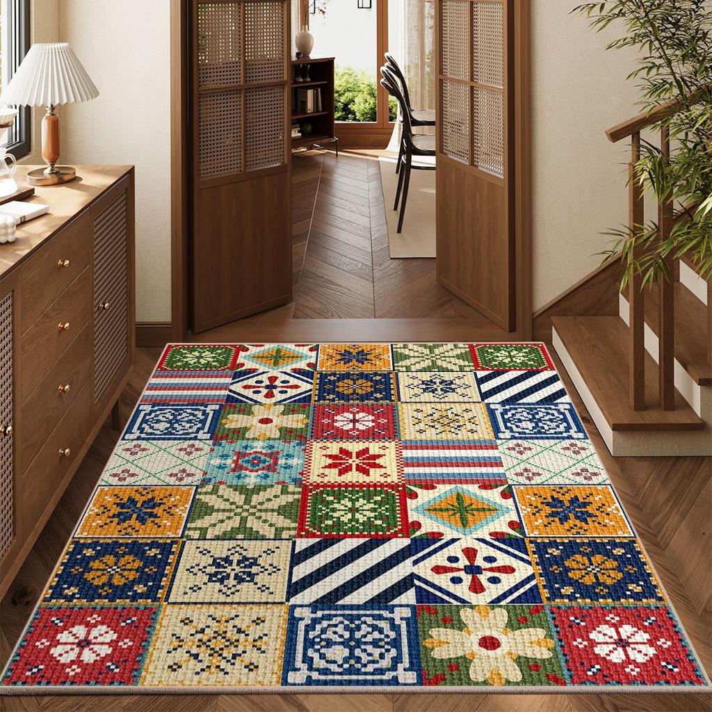 Vintage Patchwork Carpet Colorful Geometric Floral Pattern Rug Mat for Living Room Bedroom Home Decoration Modern Indoor Area