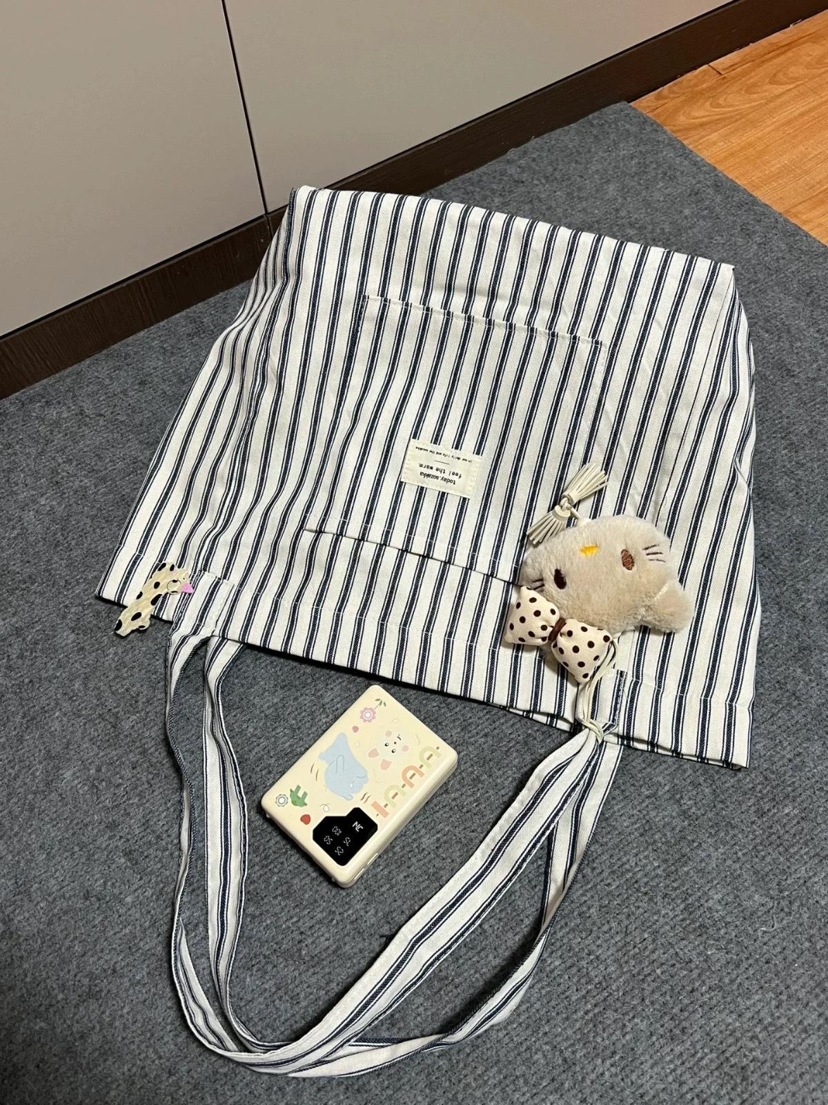 

Large Capacity French Striped Canvas Bag Summer Versatile Commuter Shoulder Tote Bag Portable Shopping Bag Crossbody