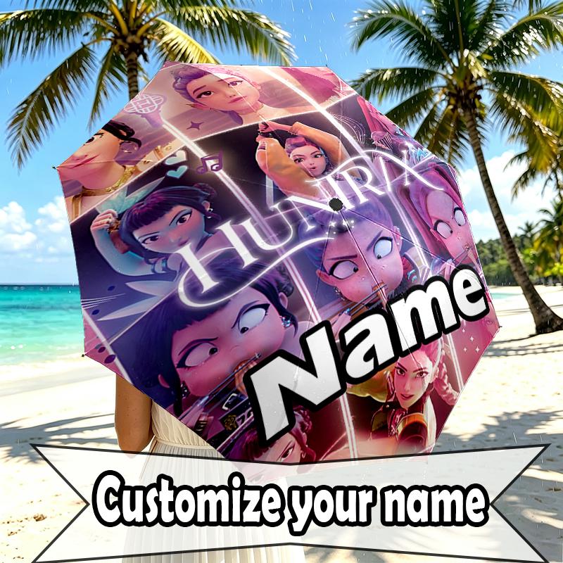 Custom Name Personalized KPop Demon Hunters Print Umbrella, Auto Open Close, 8‑Rib Sturdy Frame, Commute Camping Hiking Use, Birthday Gift