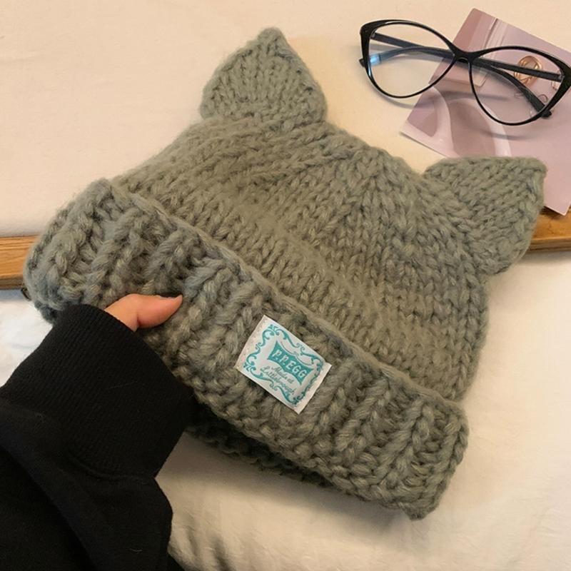 Women Winter Crochet Hat Cats Ear Knitted Hat for Girl Skiing Cycling Warm Winter Snow Hat for Christmas Present
