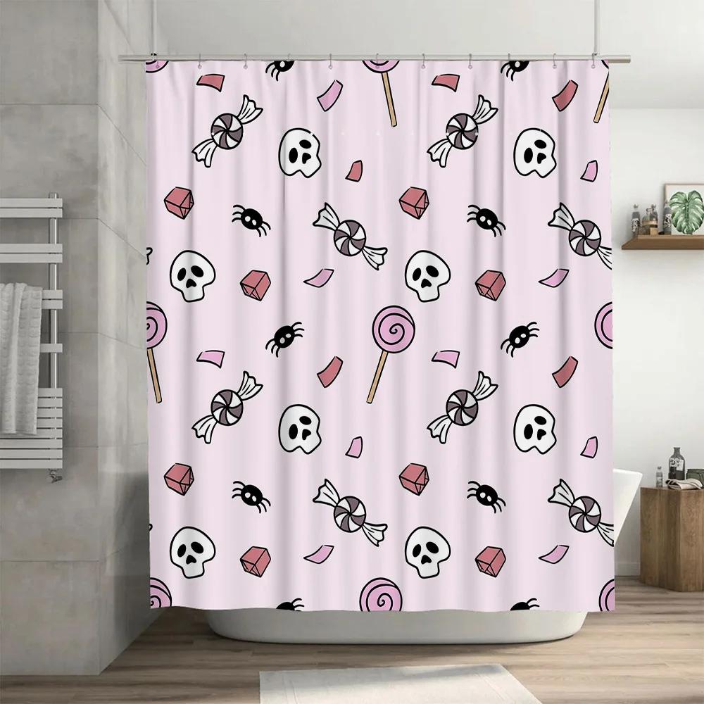 

Haute Couture Shower Curtainhalloween Candy Pattern In Soft Pink With Skulls, Spiders Witches Hats Decor For Bathroom W60H190(CM)-1 Pcs