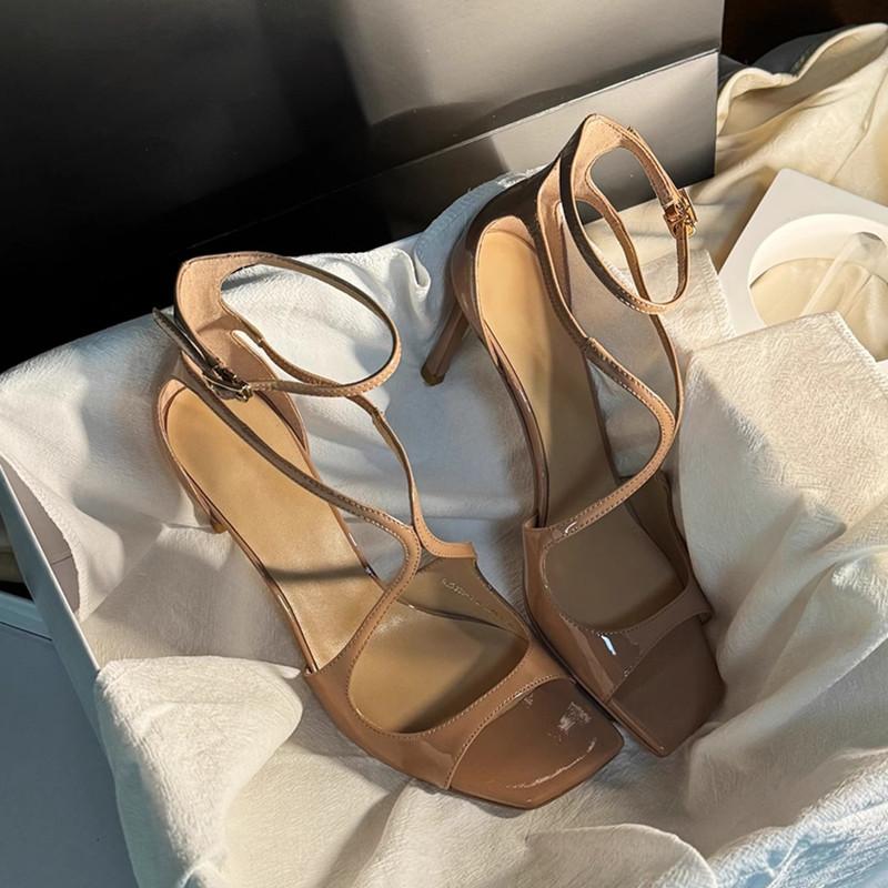 

Fashion Fashion Patent Leather Peep toe Women Gladiator Sandals Sexy Narrow band Ankle Strap Gold Stiletto High heels Summer Party Shoes 40