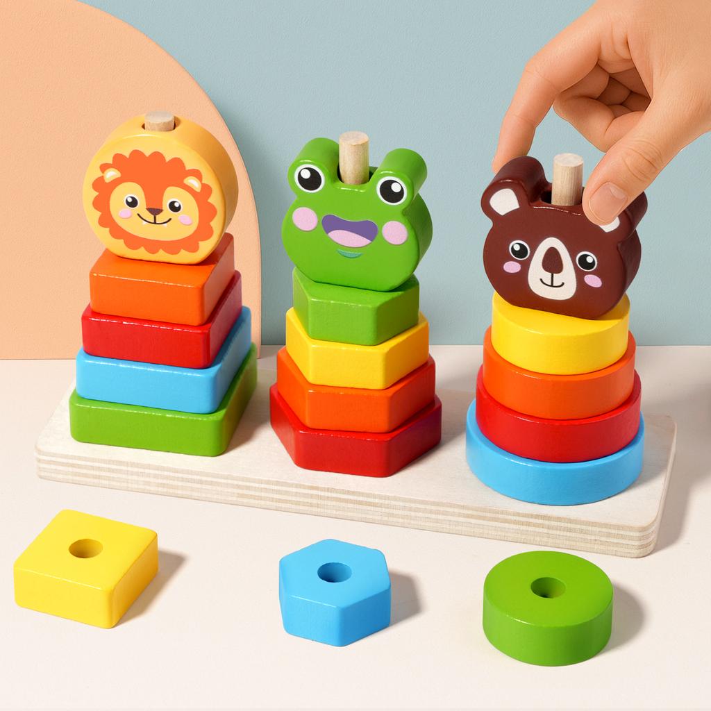 Wooden Rainbow Animal Stacker Gift Fine Motor Skill Sorting & Stacking Toys Geometric Stacker for Boys and Girls Baby Toddlers