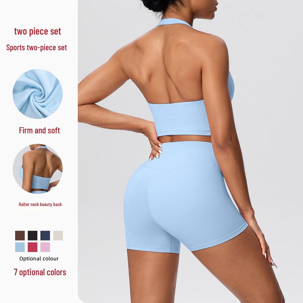Solid Color Halter Sports Bra & Shorts Fitness Set