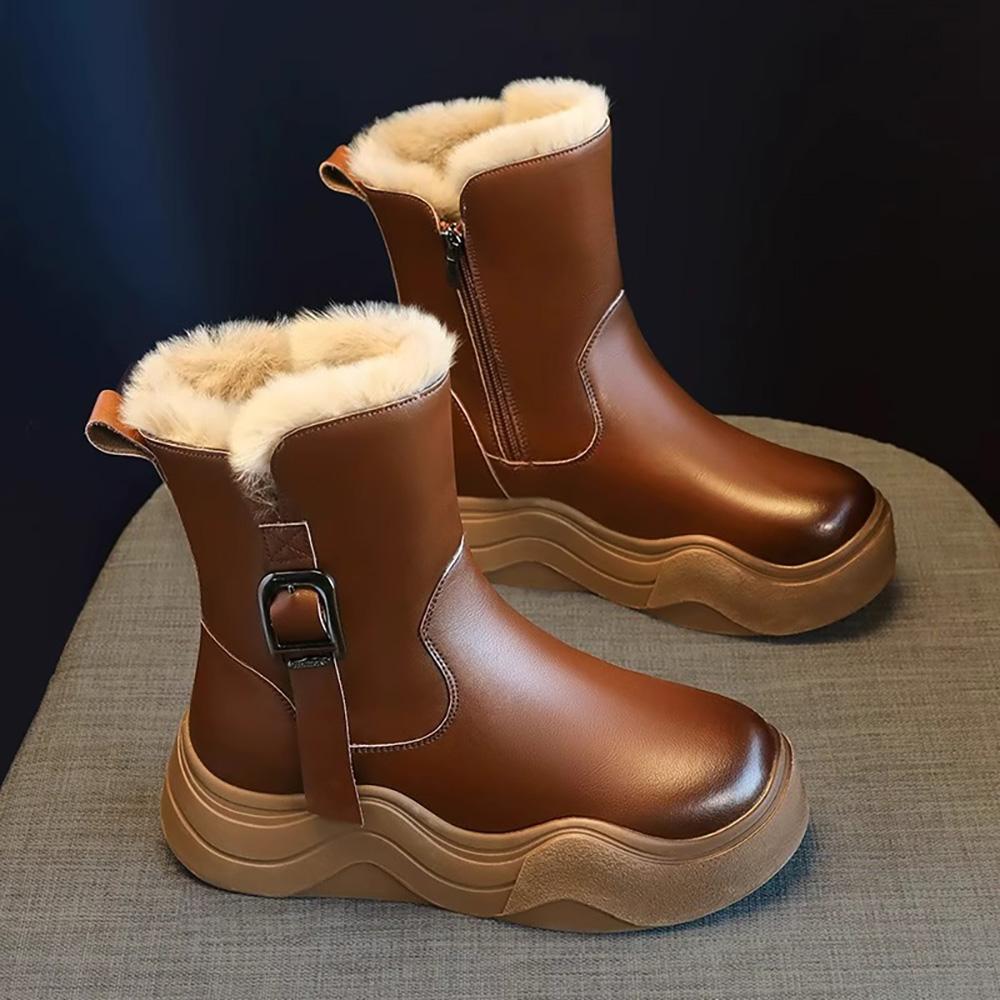 

PU Leather Winter Boots For Girls Thick Warm Teenager Girl s Plush Boots Faux Fur Cotton Shoes For Kids Waterproof Snow Boots 29 коричневый
