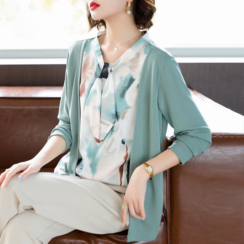 

Qianlian Mid-Aged Women s Tie-Neck Faux Two-Piece Long-Sleeve Top 5XL