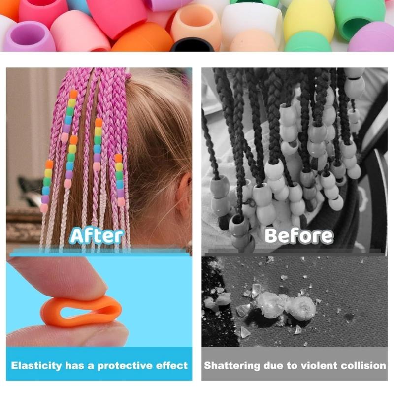 50pcs Mix Colors Silicone Hair Beads for Braids with Rubber Bands and Beader for Braiding DIY Bracelets Necklace Crafts