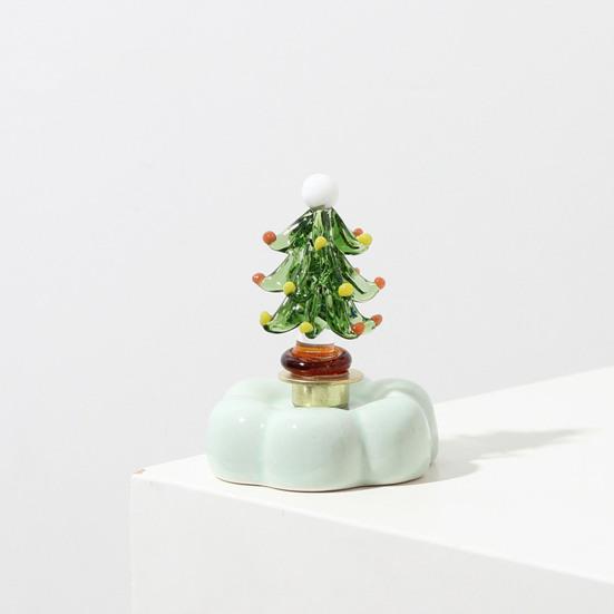 Hand Glazed Craft for Anniversary Glass Christmas Tree Figurine with Rotating Ceramic Base, Handmade Art Holiday Ornament Car Dashboard Desk Decor And