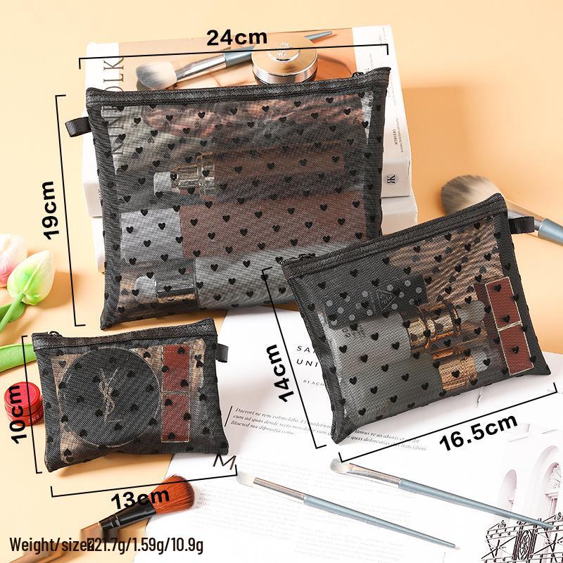 Internet Celebrity Hot Item: Flocked Gauze Love Heart Travel Cosmetic Bag Set