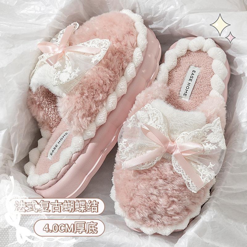 Bow cotton slippers women's winter new indoor home thick bottom non-slip warm fluffy slippers women