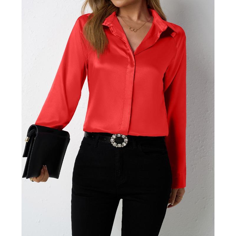 Women's Satin Shirt Imitation Silk Long Sleeved Blouses & Shirts