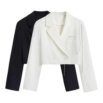 Casaco curto feminino trespassado com corrente decoração manga comprida cardigan lapela gola entalhada solto cor sólida fino formal estilo empresarial jaqueta feminina