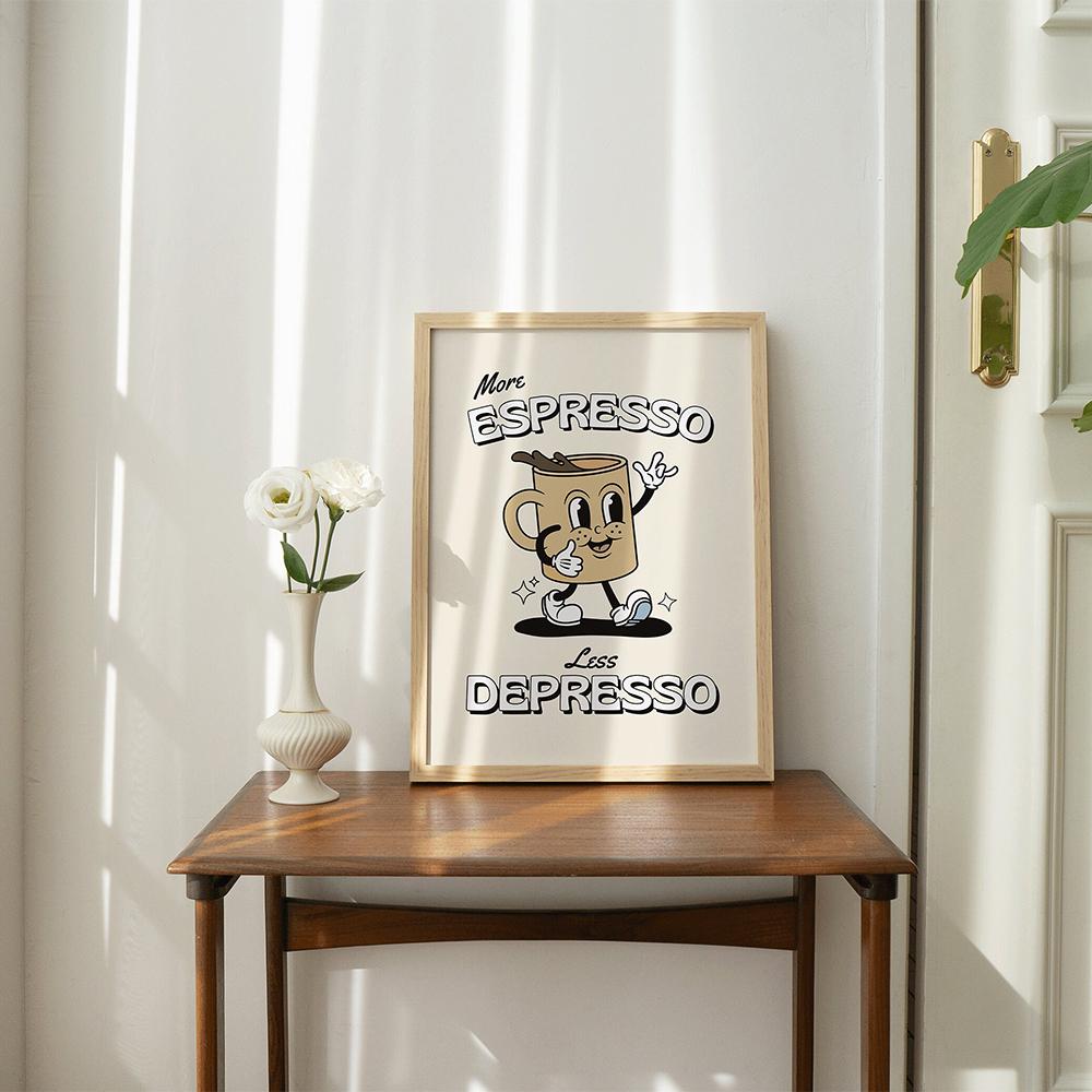 Retro Cartoon Character Coffee Canvas Painting Print Fun Kitchen Poster More Espresso Less Depresso Quote Wall Art Picture Decor (with Frame)