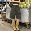 Men Women Loose Fit Cargo Shorts With Camo Print Drawstring Waist Denim Mid-Thigh Pants Casual Wear