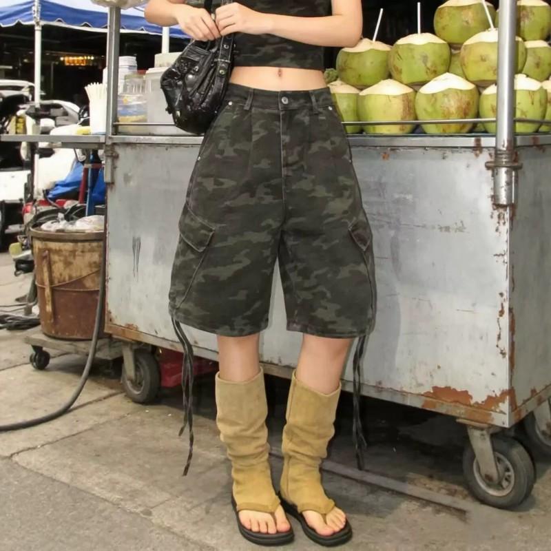 Men Women Loose Fit Cargo Shorts With Camo Print Drawstring Waist Denim Mid-Thigh Pants Casual Wear