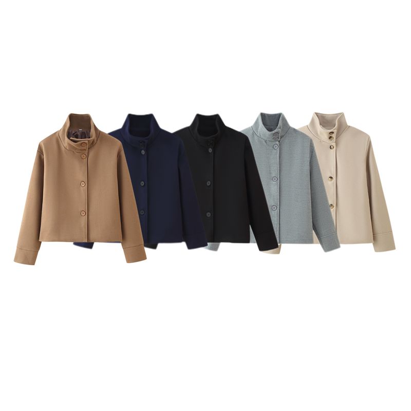 Kaslead New Women clothes Western Style Fashion Simple Stand Collar Breasted Short Loose Woolen Outerwear