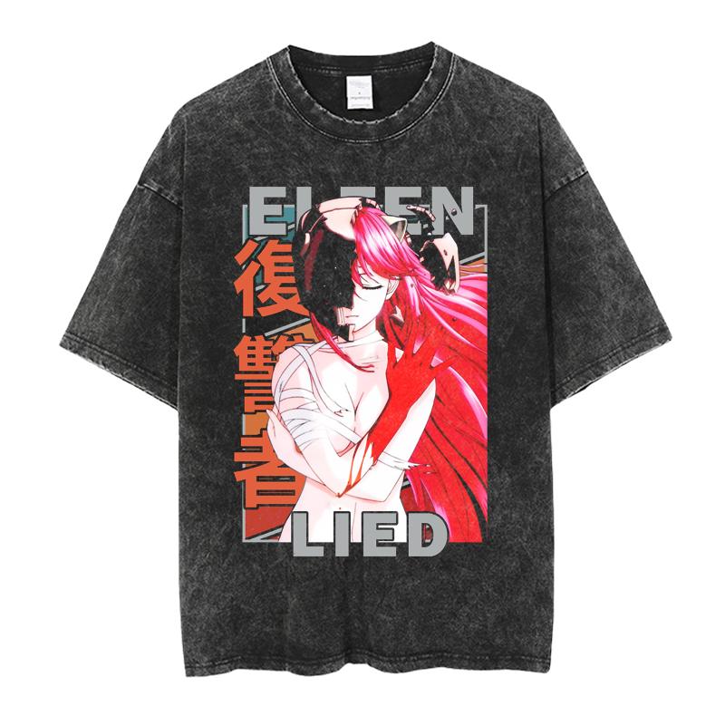 Elfen Lied Lucy Manga Graphic T-shirt Vintage Washed Oversized T Shirt Men's Women's Clothing Pure Cotton