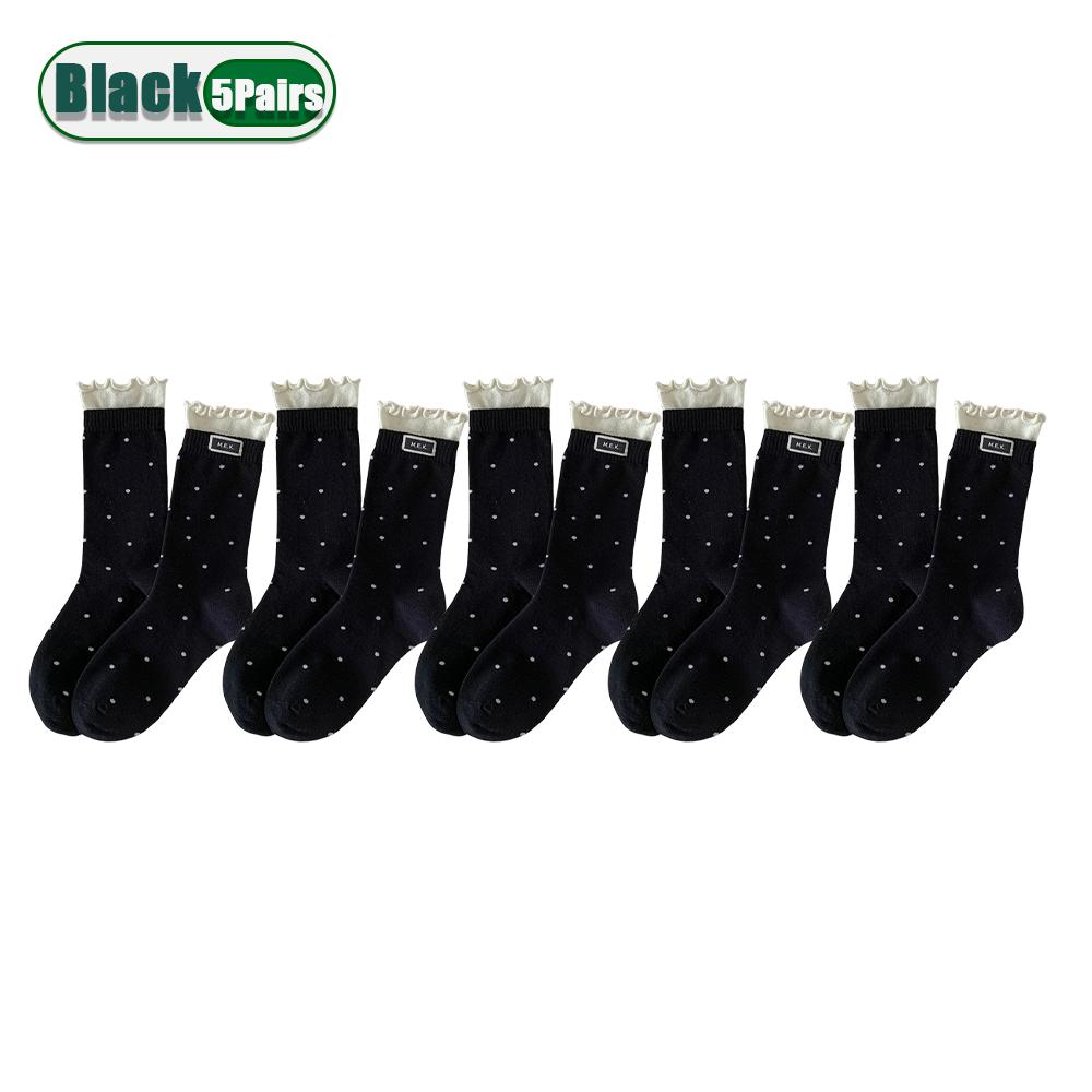 Women Cotton Long Socks Soft Breathable Cute Dots Frilly Edge Retro Preppy Style Comfortable Casual Fashion Socks For Everyday