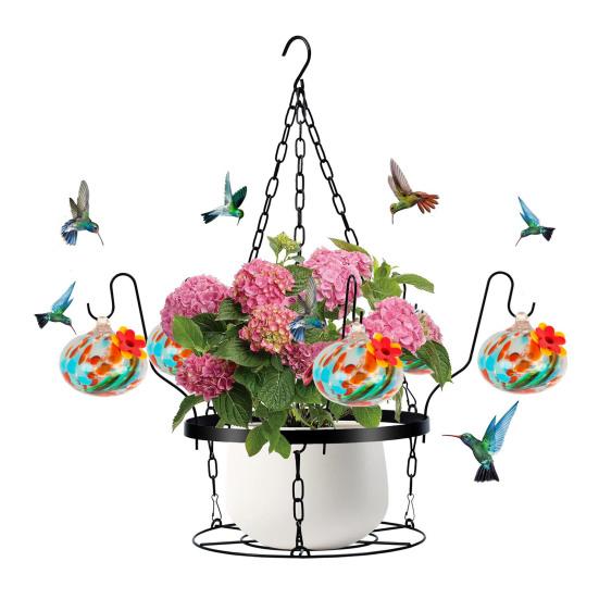 

Кормушка для колибри из выдувного стекла ручной работы, подвесной металлический держатель для кашпо 2 в 1 с 6 маленькими кормушками для птиц из выдувного стекла для декора окон в саду и на заднем дворе F