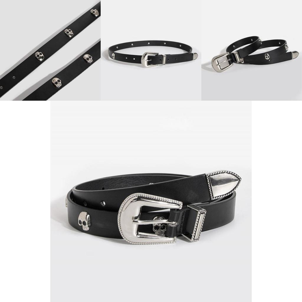 Y2k Womens Punk Leather Belt With Skull Decor And Metal Buckle For Casual Wear