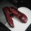 French retro burgundy comfortable flat Mary Jane shoes women's soft leather soft sole one-word buckle with small square head beanie shoes
