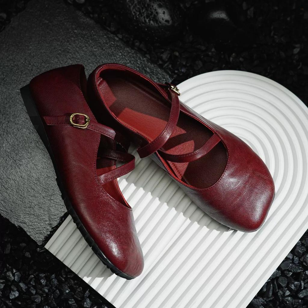 French retro burgundy comfortable flat Mary Jane shoes women's soft leather soft sole one-word buckle with small square head beanie shoes