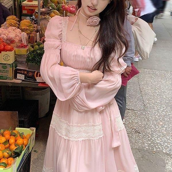 Spring Lace Square Neck Fairy Dress Elegant Waist-Cinching Slim-Fit Chiffon Long Skirt Beach Dress