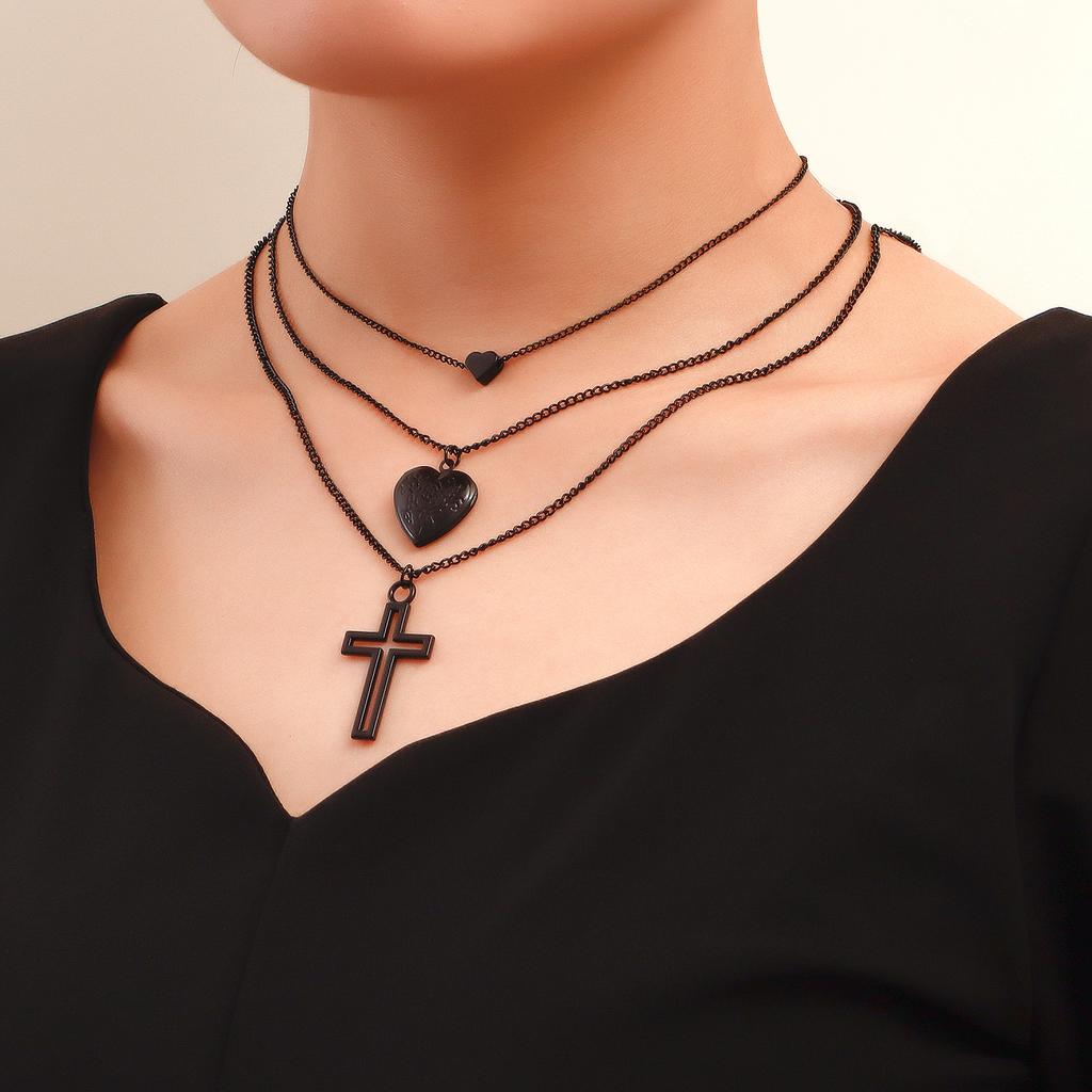 Cool Tide Multi-layer Swimming Black Chain Geometric Openable Lid Love Cross Pendant Necklace