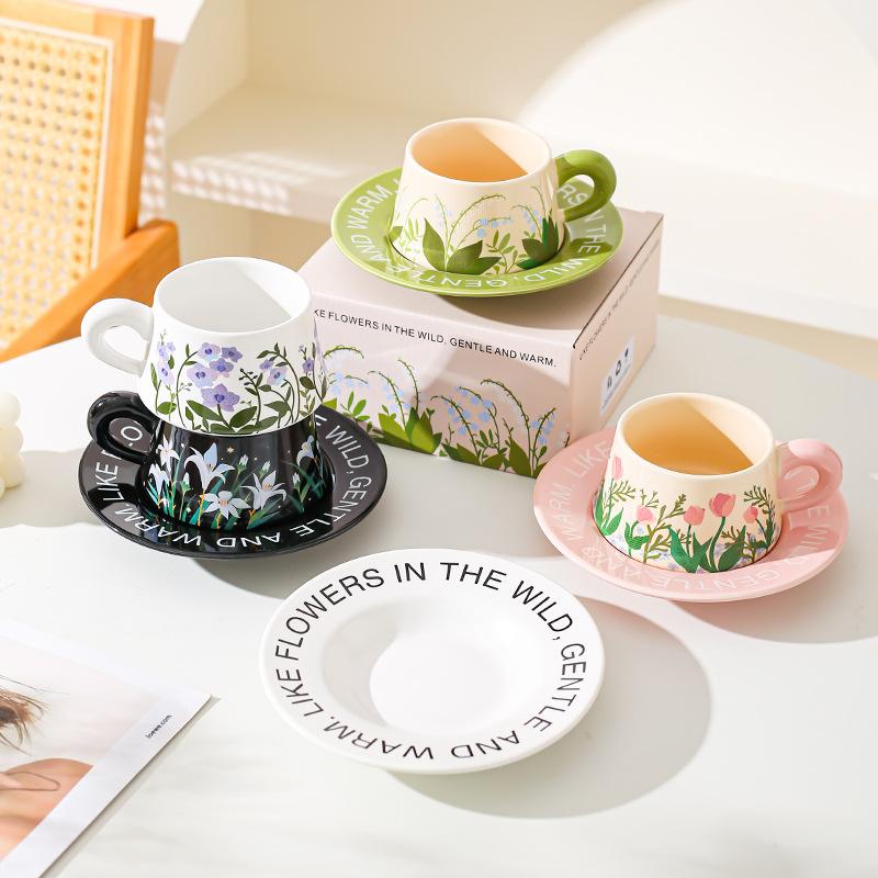Pastoral Ceramic Coffee Cup and Saucer Set, Afternoon Tea Cup Snack Combination, High-end Sense, Fresh Literary and Romantic