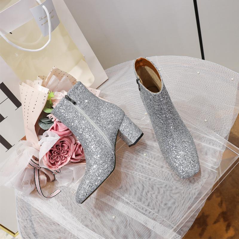 Women's Short Boots Autumn and Winter Grit Metal Sequins Women's and Ankle Boots Gold Silver Coarse Heel High Heel Square Head Women's Short Boots