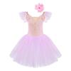 Girls Mesh Dance Dress Flutter Sleeve Spaghetti Straps Lace Floral Tutu Skirt Performance Outfit with Headdress