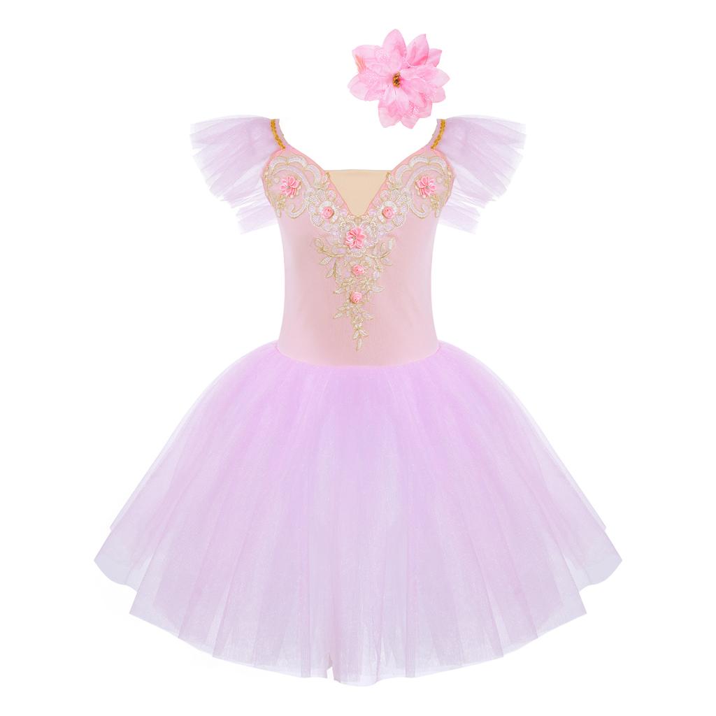 Girls Mesh Dance Dress Flutter Sleeve Spaghetti Straps Lace Floral Tutu Skirt Performance Outfit with Headdress