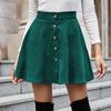 Women's Button Down Casual Fashion Flared A-Line Solid Color Corduroy Button High Waist Skirt