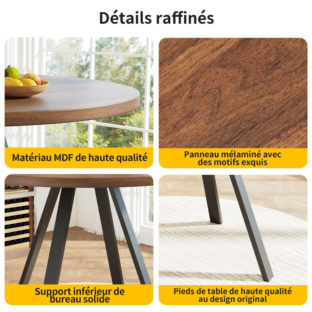 Runder Esstisch (80×80×75cm), Kaffeetisch für 4 Personen, geeignet für Esszimmer, Wohnzimmer, Metalltischbeine, Schreibtisch in Walnussfarbe und schwarze Beine