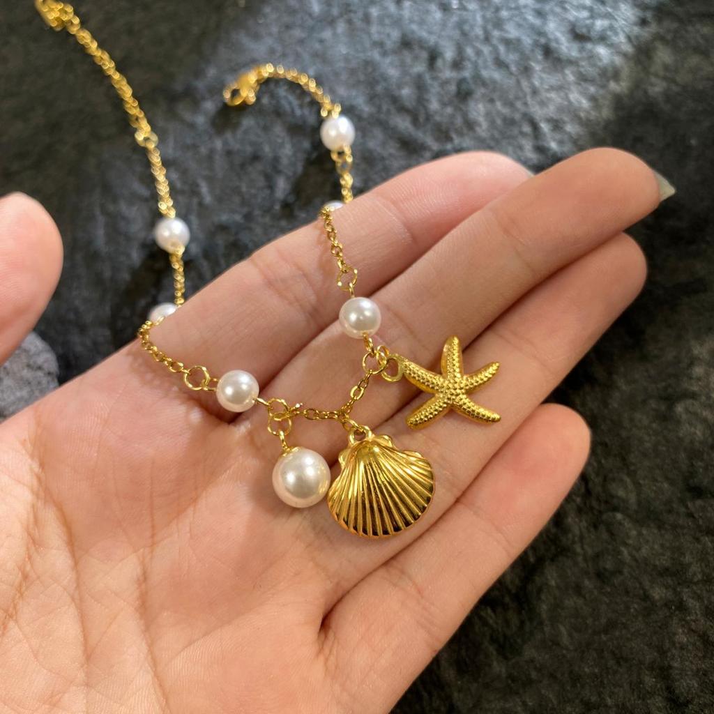 Stainless Steel Shell Pearl Starfish Drop Chain Bracelet Bangle for Women High Quality Jewelry Ocean Style Summer Accessories