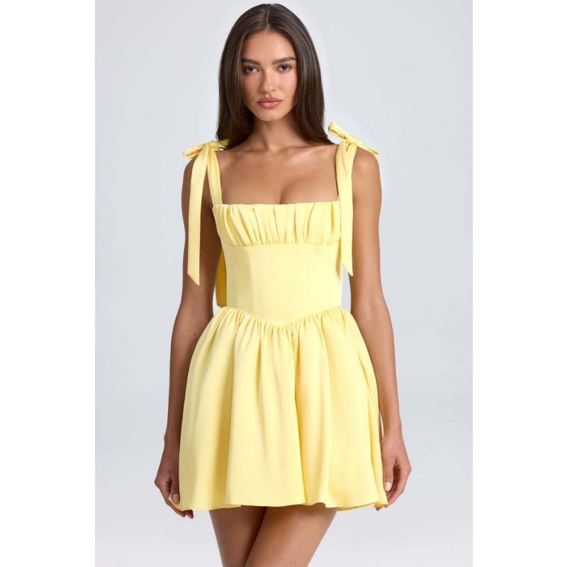 Women's Fashion Square Neck High-Waisted Pleated Panel-Seamed Bow-Tie Strapless Dress