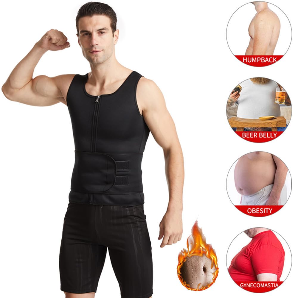 Men's Compression Shirt, Sauna Suit, Body Shaper, Adjustable Shapewear, High Sweating, Fitness (Black, XL)